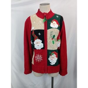 VTG TIARA INTL Red Christmas Sweater Womens Large Zip Beaded Embroidered‎ Santa
